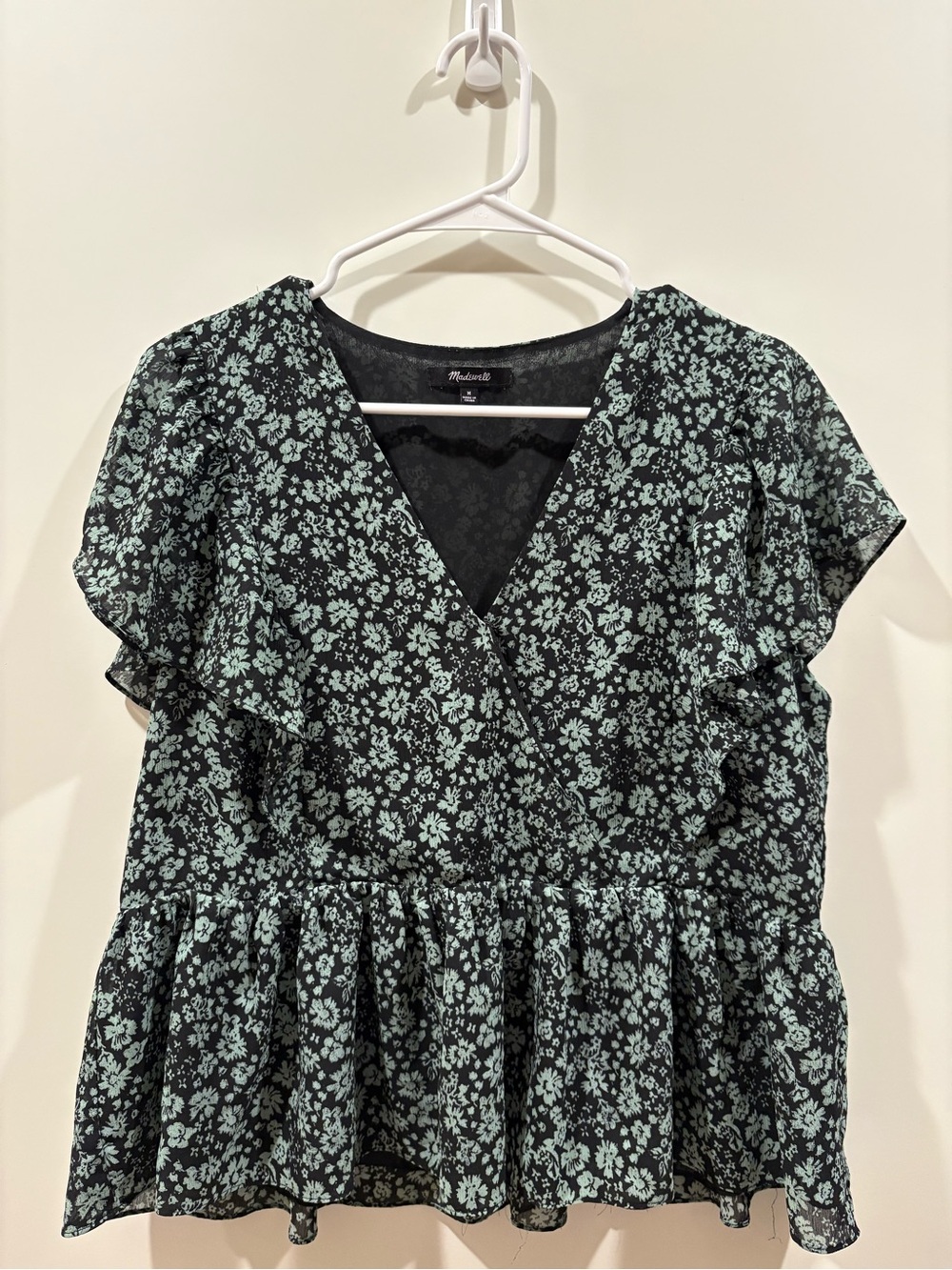 Madewell Black & Green Floral Wrap Peplum Top